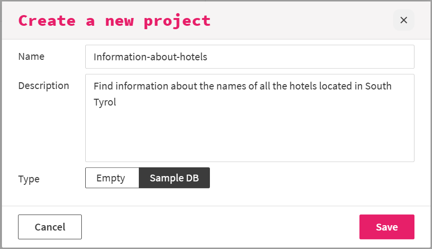 popup for creating a new project