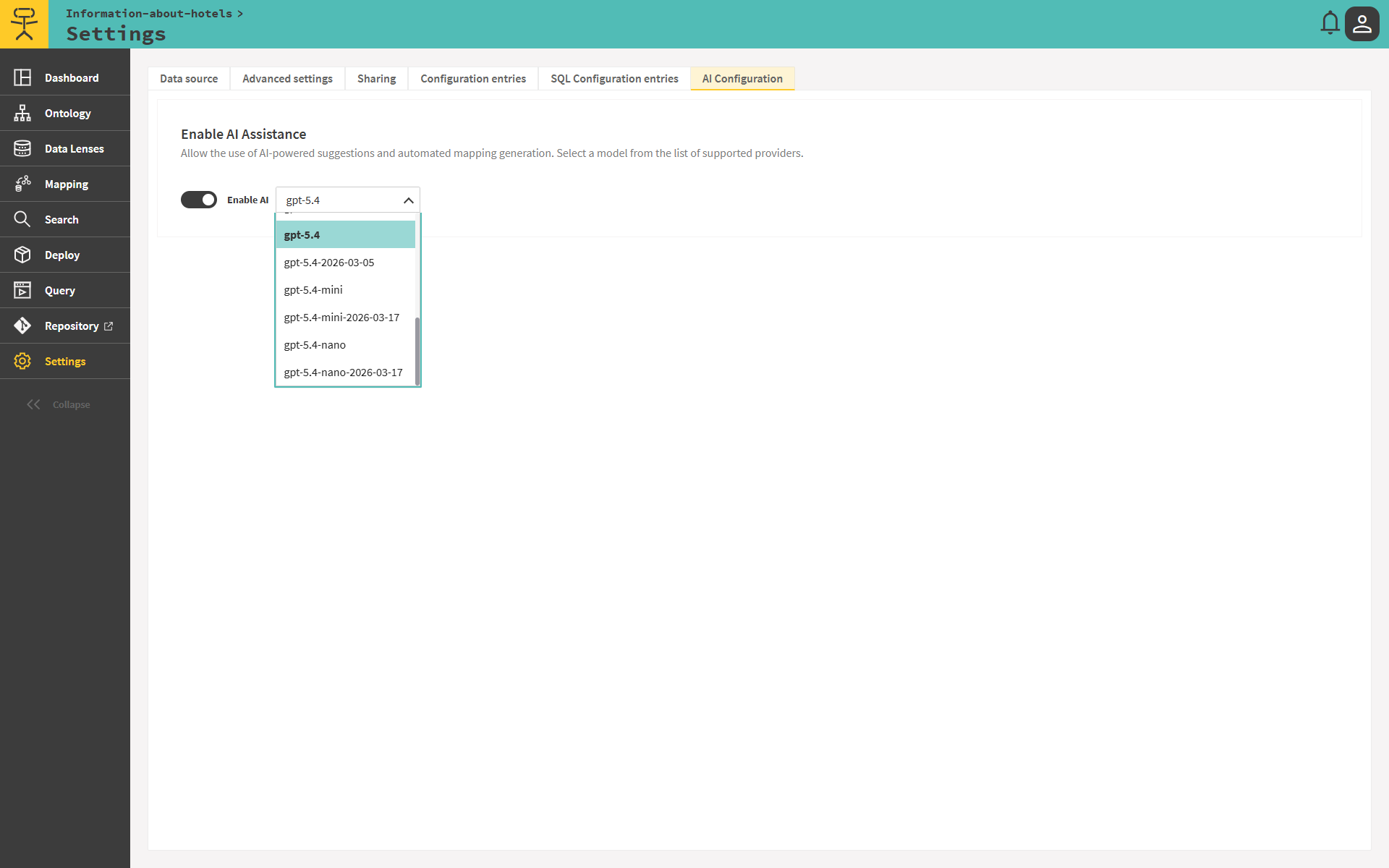 Screenshot of Ontopic Suite for enabling AI-assisted mapping generator