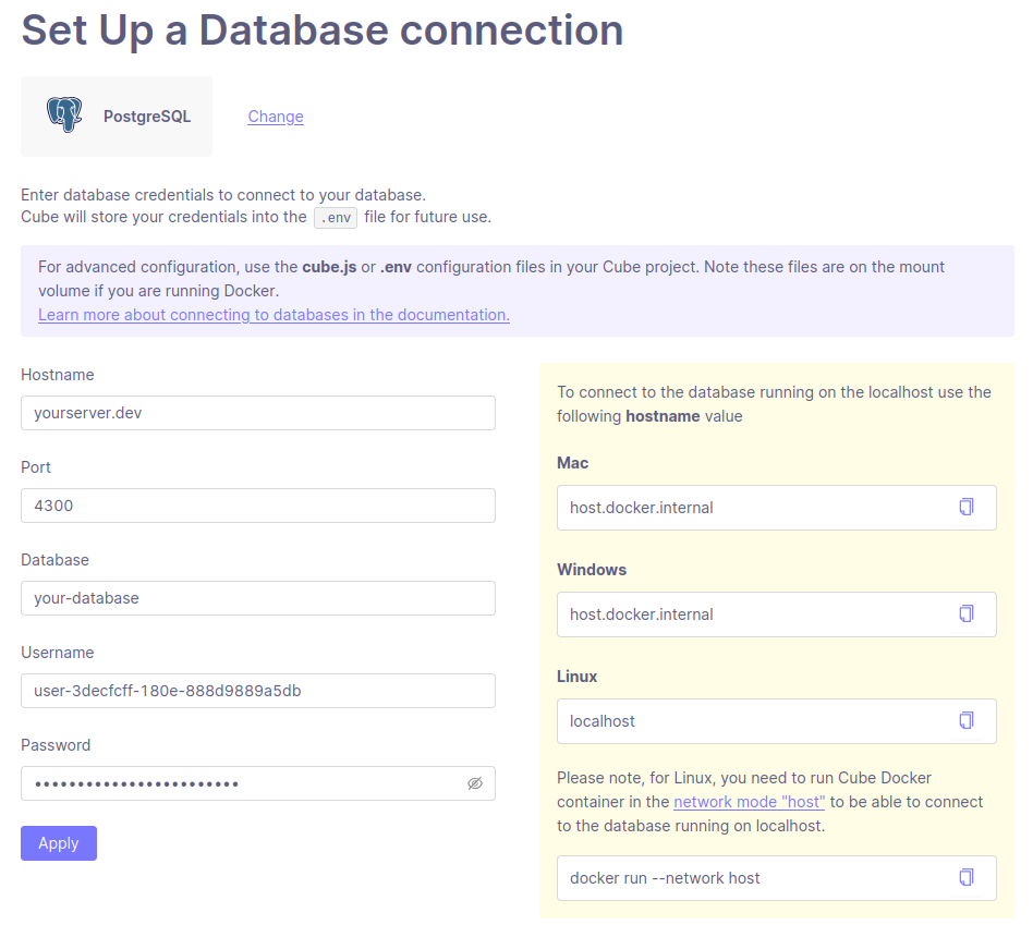 Screenshot of Cube connection page