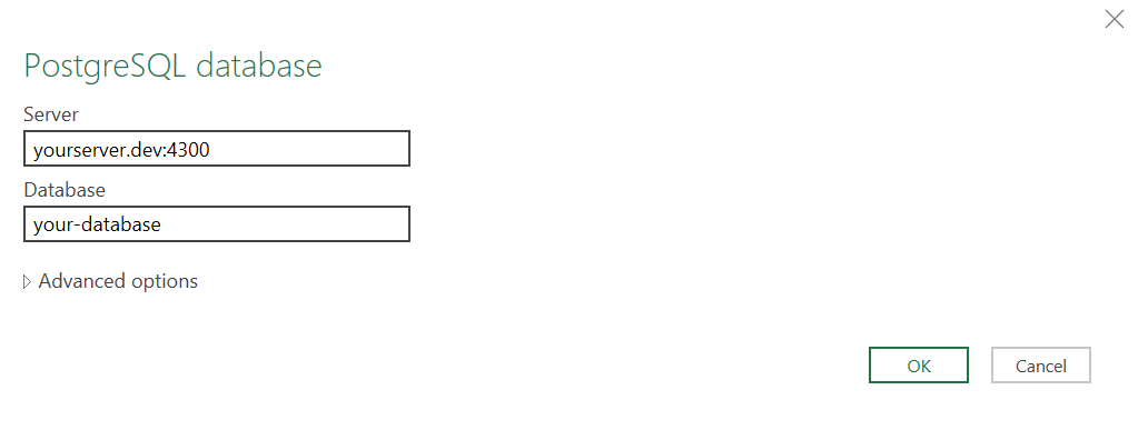 Screenshot of Excel connection page