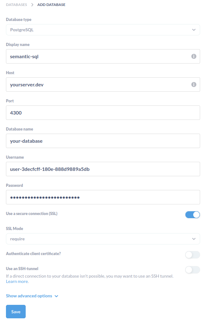Screenshot of Metabase connection page