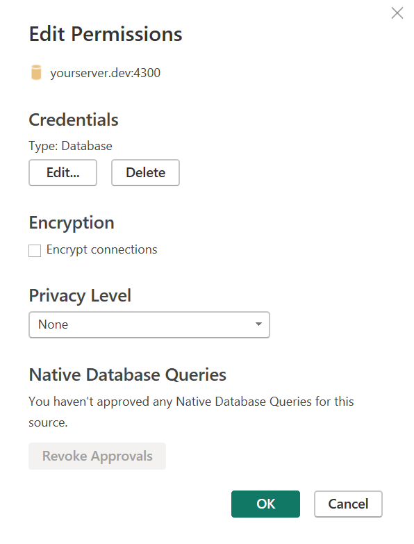 Screenshot of Power BI disable encryption page