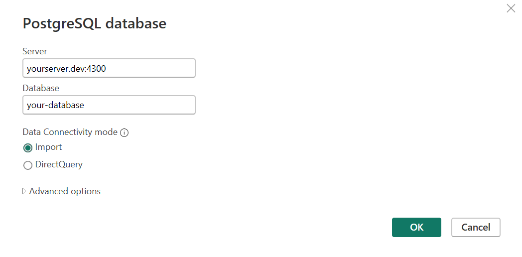 Screenshot of Power BI native connection page
