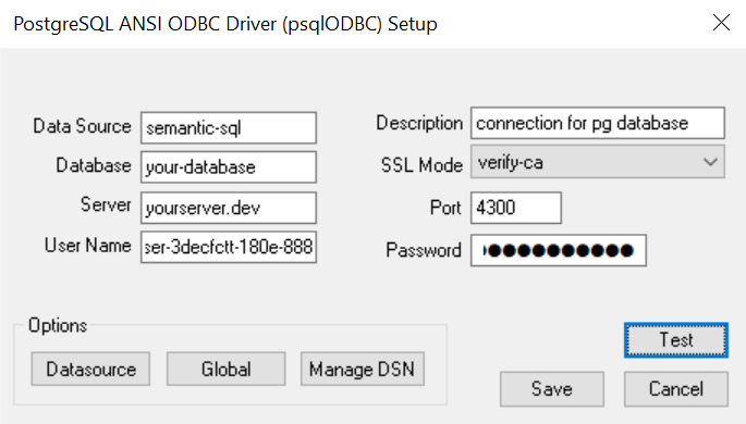 Screenshot of Power BI ODBC connection page
