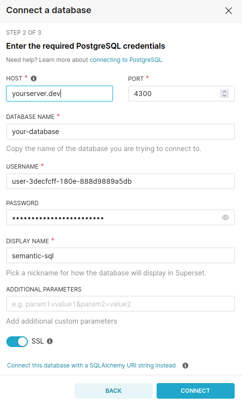 Screenshot of Superset connection page