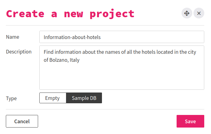 popup for creating a new project