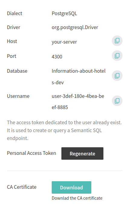 connection details for the semantic SQL endpoint