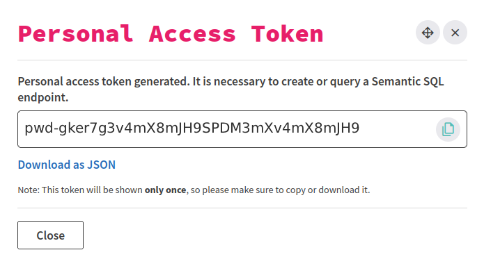 popup for generating a personal access token